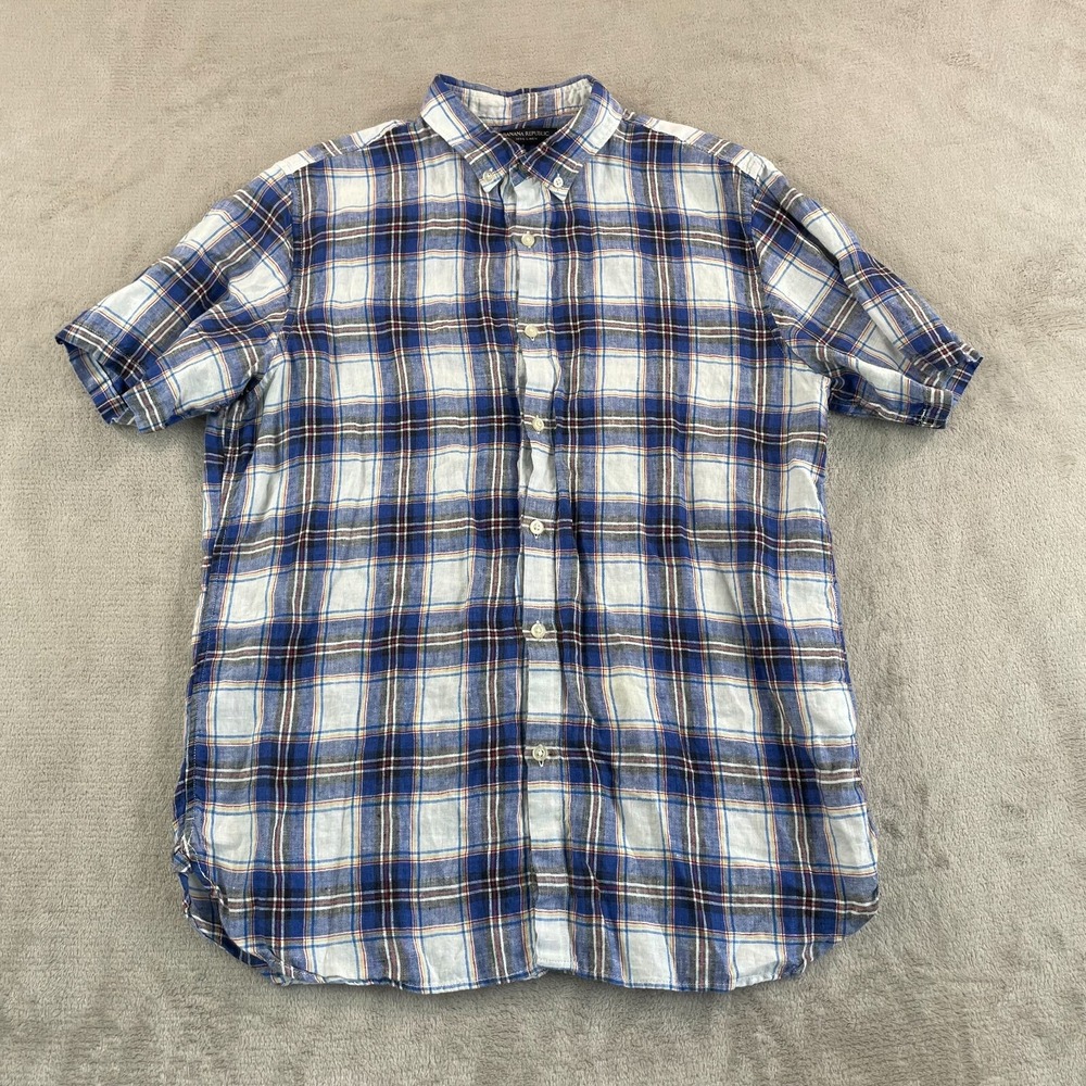 Banana Republic Camden Fit Shirt Men Medium Blue Tartan Plaid 100% Linen NWOT
